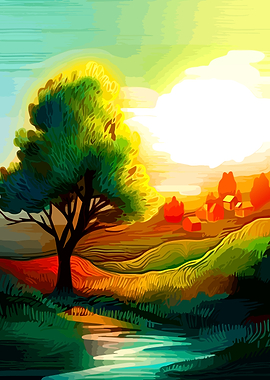 Vibrant Impressionist Landscape with Tree