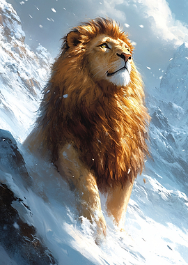Majestic Lion in Snowy Mountains