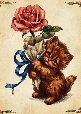 Fluffy Kitten With Rose Vintage Cat Illustration