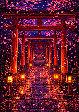 Torii Gate Path with Cherry Blossoms