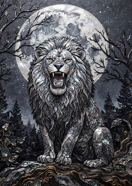 Mother of Pearl Lion Under Moon