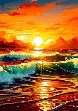 Vibrant Sunset Over Ocean Waves