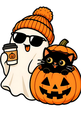 Cute Ghost and Cat in Pumpkin