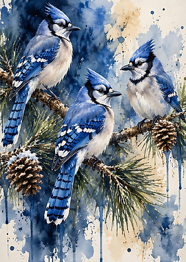 Three Blue Jays on Pine Branches