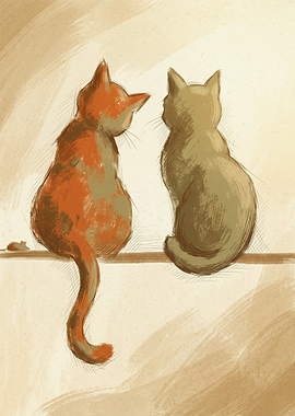 Two Sitting Cats Pencil Sketch Art