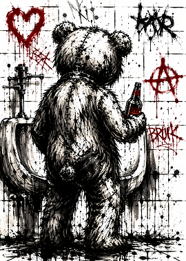 Gritty Graffiti Teddy Bear at Urinal