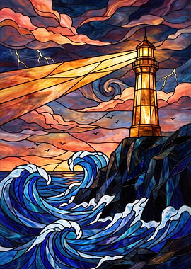 Stained Glass Lighthouse Storm Scene
