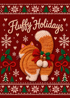 Fluffy Holidays Knitted Cat Illustration
