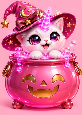 Cute Unicorn Kitten in Pink Cauldron