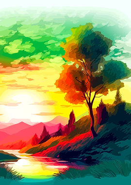 Vibrant Colorful Sunset Landscape Painting