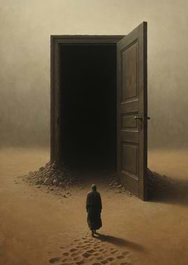 Lone Figure Approaching Mysterious Doorway