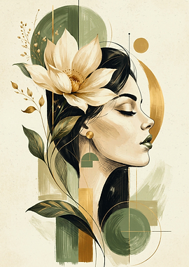 Floral Woman Botanical Portrait Boho Abstract Sketch