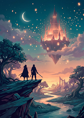 Fantasy Warriors Watching Floating Castle