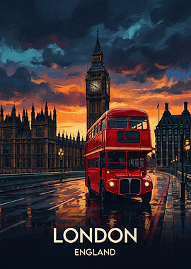 Red Bus Big Ben London Travel Vintage Poster