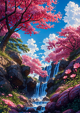 Sakura Cherry Blossom Waterfall Landscape Japan