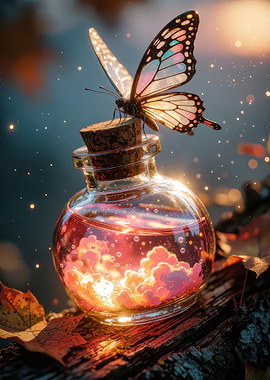 Butterfly Resting on Magic Potion Bottle