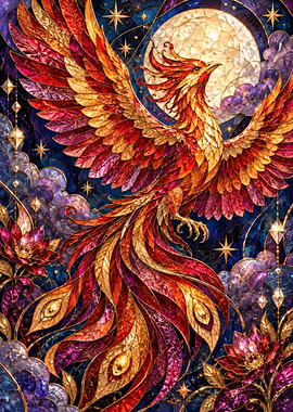 Stained Glass Phoenix Under Moon