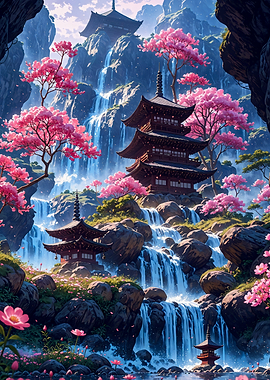 Pagodas Amidst Cherry Blossoms and Waterfalls Landscape