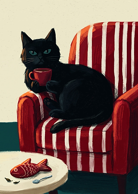 Black Cat Drinking Coffee Cozy Cat Retro Illustration