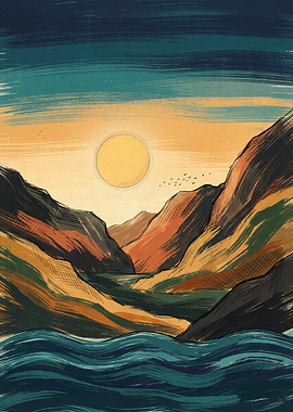 Mountain Sunset Landscape Retro Textured Illustration