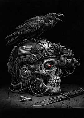 Cyborg Skull with Raven and Gear