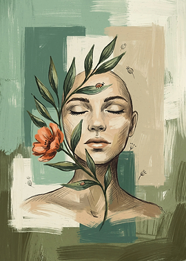 Botanical Woman Portrait Earthy Sketch
