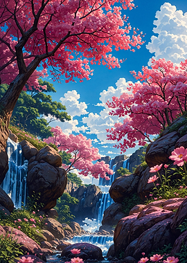 Japan Sakura Cherry Blossom Waterfall Landscape
