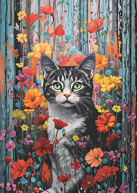 Tabby Cat in Vibrant Floral Garden