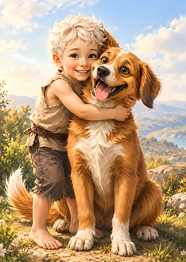 Boy Hugging His Happy Dog