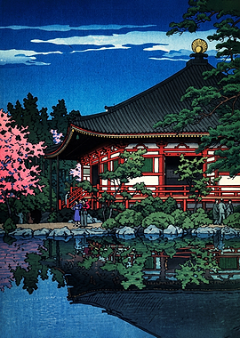 Traditional Japanese Temple by Pond