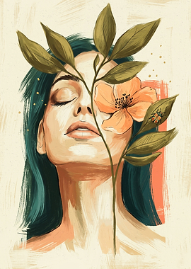 Floral Woman Botanical Portrait Textured Painting