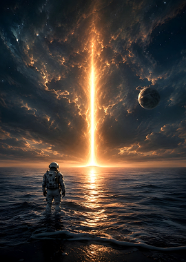 Astronaut Standing in Ocean Under Beam
