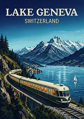 Lake Geneva Switzerland Travel Train Vintage Poster Art