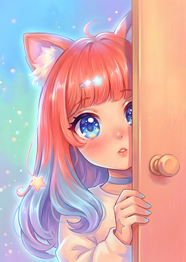 Cute Anime Girl Peeking Behind Door