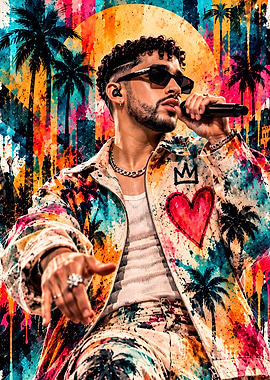 Bad Bunny Vibrant Tropical Performance Art