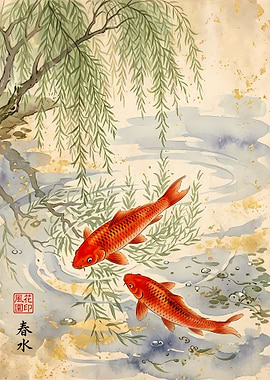 Koi Fish and Willow Tree Painting