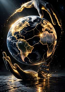 Hands Holding Glowing Earth and Ship