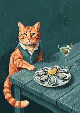 Cat Bartender Oysters Drink Cats Art Oil Painting