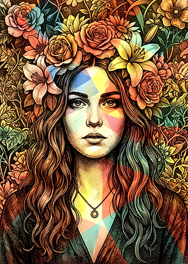Woman with Floral Crown and Geometric Overlay
