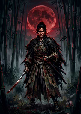 Bloodstained Samurai Under Red Moon