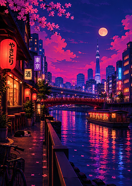 Tokyo Nightscape with Cherry Blossoms