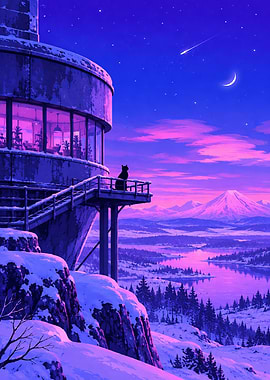 Cat Watching Sunset Over Snowy Mountains