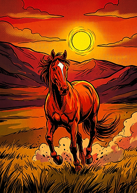 Wild Horse Sunset Retro Poster