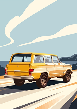 Yellow Vintage SUV Road Trip Illustration