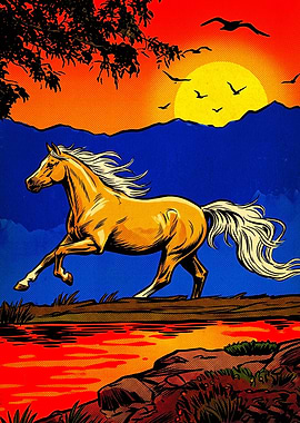 Horse Running Sunset Retro Poster A