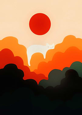 Minimalist Cat Floating Above Clouds