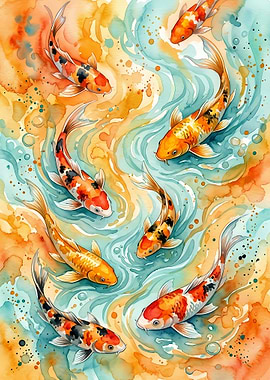 Watercolor Koi Fish Pond Art