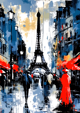 Rainy Paris Street with Eiffel Tower