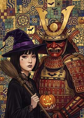 Witch and Samurai Halloween Mosaic Portrait