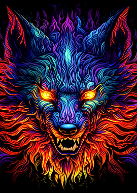 Neon Psychedelic Wolf Portrait